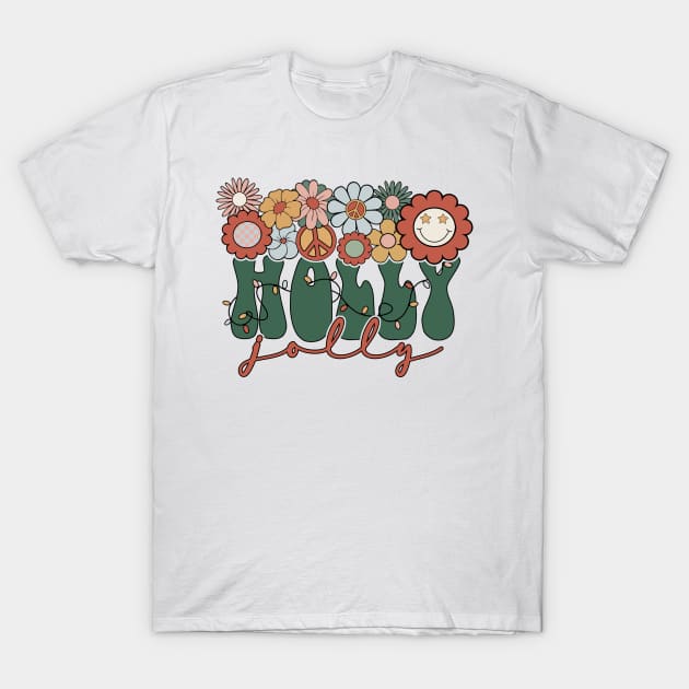 Holly Jolly Retro Bliss: Groovy Christmas Lights, Daisies, and Peace Signs T-Shirt by ThriceCursedPod